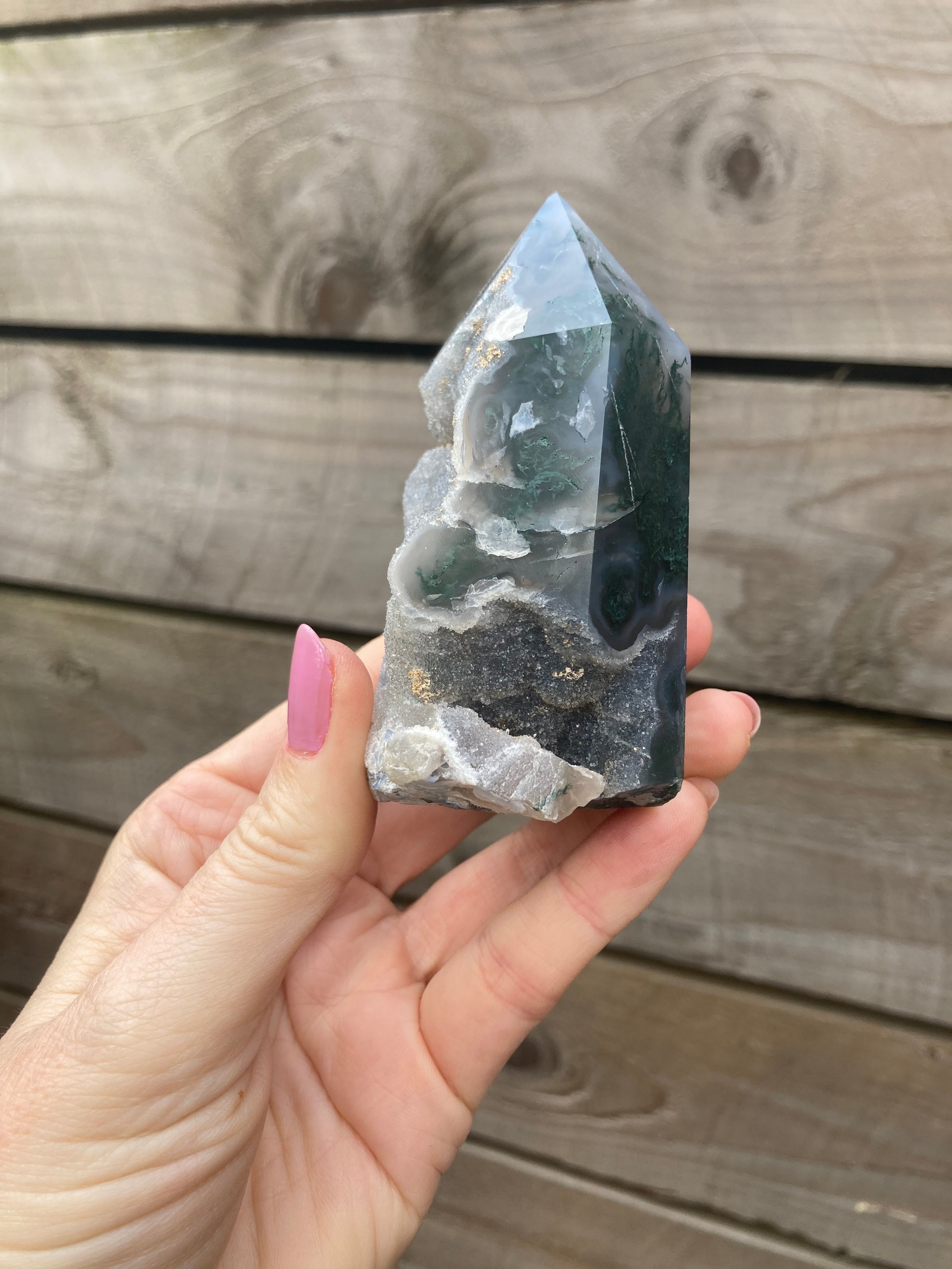 Sugary Druzy Moss agate tower *does have small chip on point