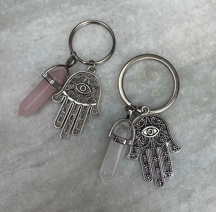 Rose quartz and Clear quartz Hamsa hand keyrings