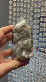 Load and play video in Gallery viewer, Sugary Druzy Moss agate tower *does have small chip on point
