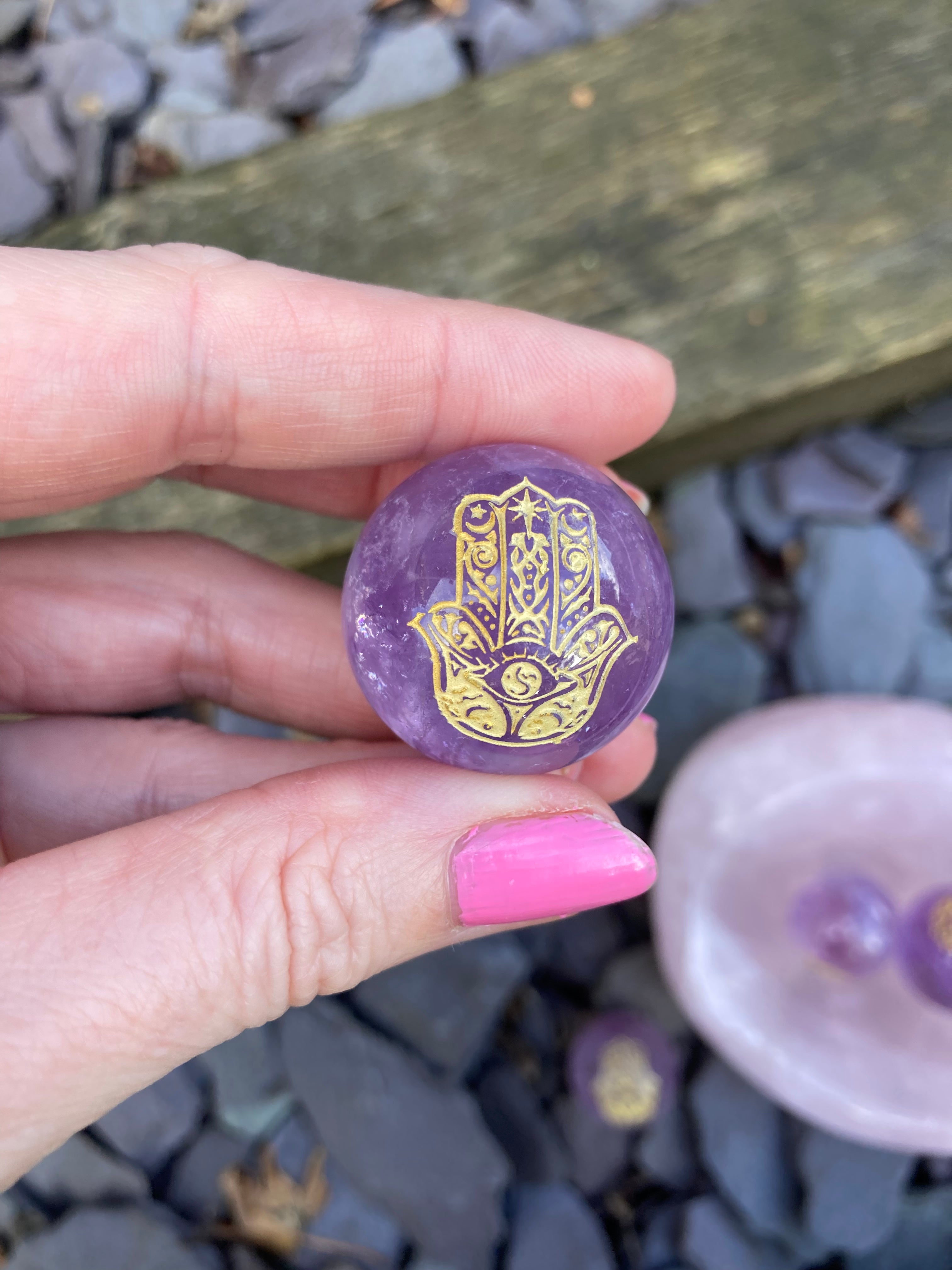 Mini Amethyst spheres 💜 Om & Hamsa hand designs