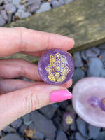 Load image into Gallery viewer, Mini Amethyst spheres 💜 Om &amp; Hamsa hand designs
