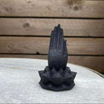 Load image into Gallery viewer, Super cute Black obsidian praying Buddha hands Lotus Leaf carving 🖤🙏🏻🖤x
