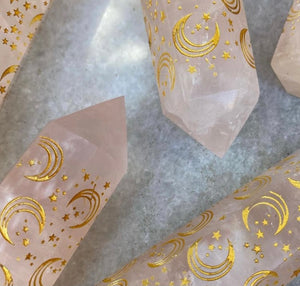 Stunning Rose Quartz towers with gold star &amp; moon detailing all around