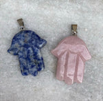 Load image into Gallery viewer, Sodalite and Rose Quartz hamsa hand pendants
