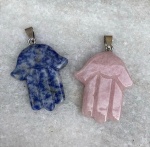 Sodalite and Rose Quartz hamsa hand pendants