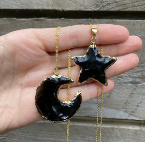 Large Black Obsidian star ⭐️ and moon 🌙 pendants on faux gold chains