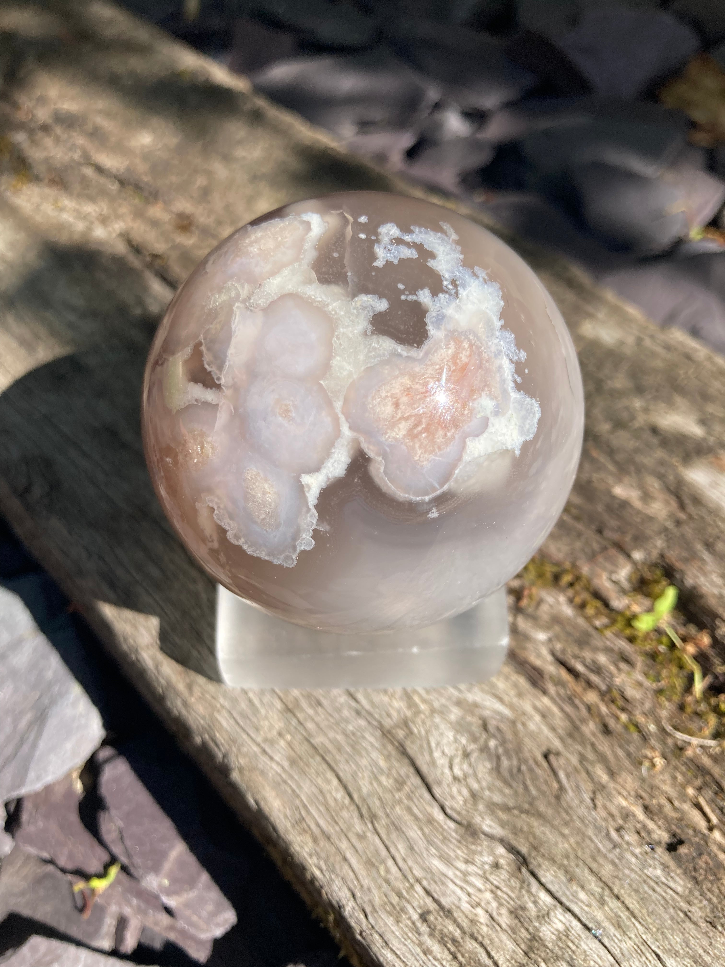 Large Flower Agate sphere with sugary bubble druzy