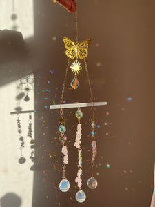 Selenite and Rose Quartz sun catcher with butterfly detail