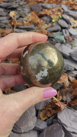 Load and play video in Gallery viewer, Stunning druzy aura Ocean jasper &amp; Chalcopyrite spheres
