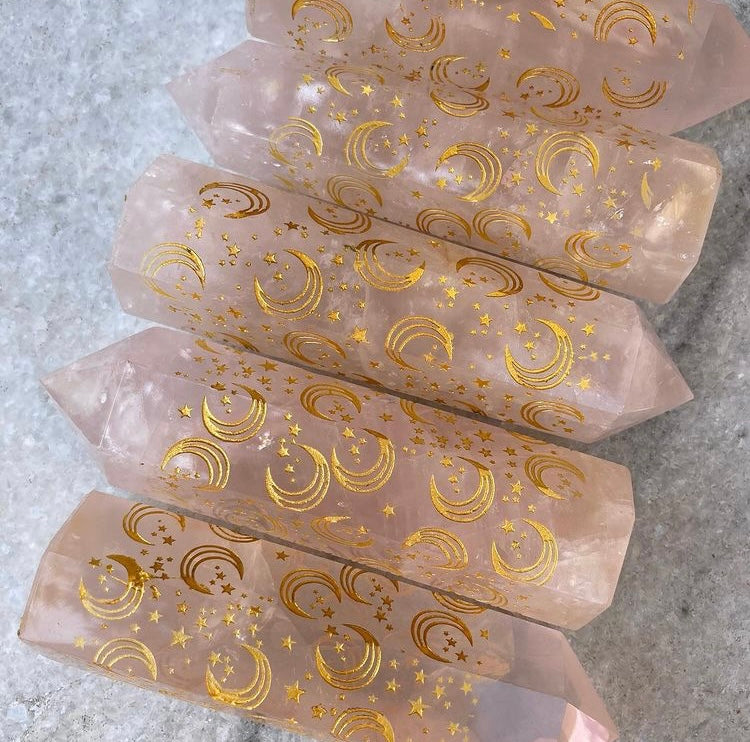 Stunning Rose Quartz towers with gold star &amp; moon detailing all around