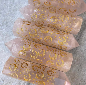Stunning Rose Quartz towers with gold star &amp; moon detailing all around