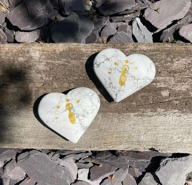 Beautiful Howlite large heart palm stones with gold Goddess and moon phase detailing