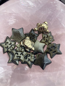 Mini Sheen Obsidian cute stars with bowe 🎀 Plain 🖤✨ and Pyrite Turtles 💛