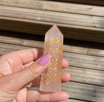 Load image into Gallery viewer, Stunning Rose Quartz towers with gold star &amp; moon detailing all around
