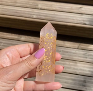 Stunning Rose Quartz towers with gold star &amp; moon detailing all around
