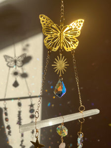 Selenite and Rose Quartz sun catcher with butterfly detail