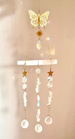 Load image into Gallery viewer, Selenite and Clear Quartz sun catcher with butterfly detail
