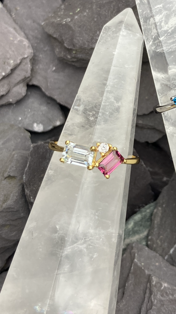 Stunning delicate White Topaz & Garnet and Pink tourmaline & Topaz rings