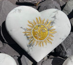 Load image into Gallery viewer, Howlite large heart palm with gold Sun 🌞 &amp; Moon 🌙 design
