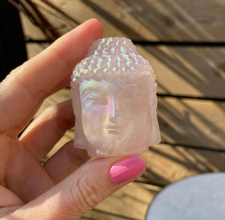 Beautiful tranquil Rose Quartz and Aura Rose Quartz Buddha heads 💖✨