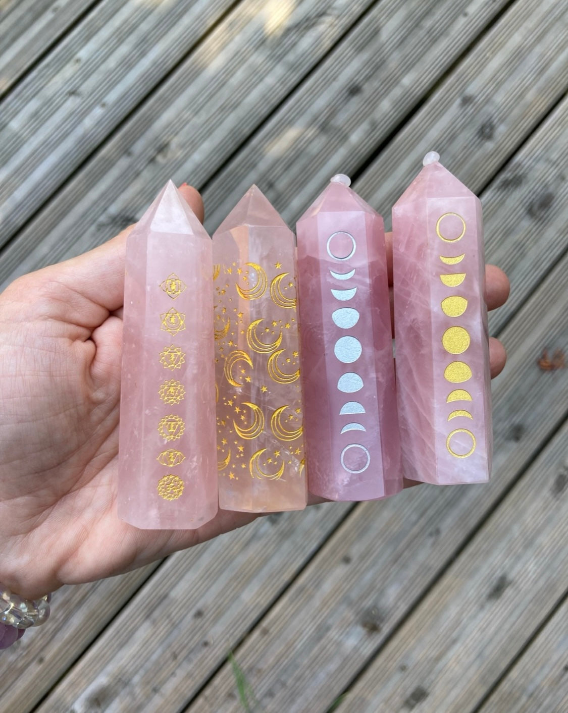 Rose Quartz towers with Chakra/Moon Phase and Stars ⭐️ & Moon detailing