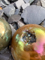 Load image into Gallery viewer, Stunning druzy aura Ocean jasper &amp; Chalcopyrite spheres
