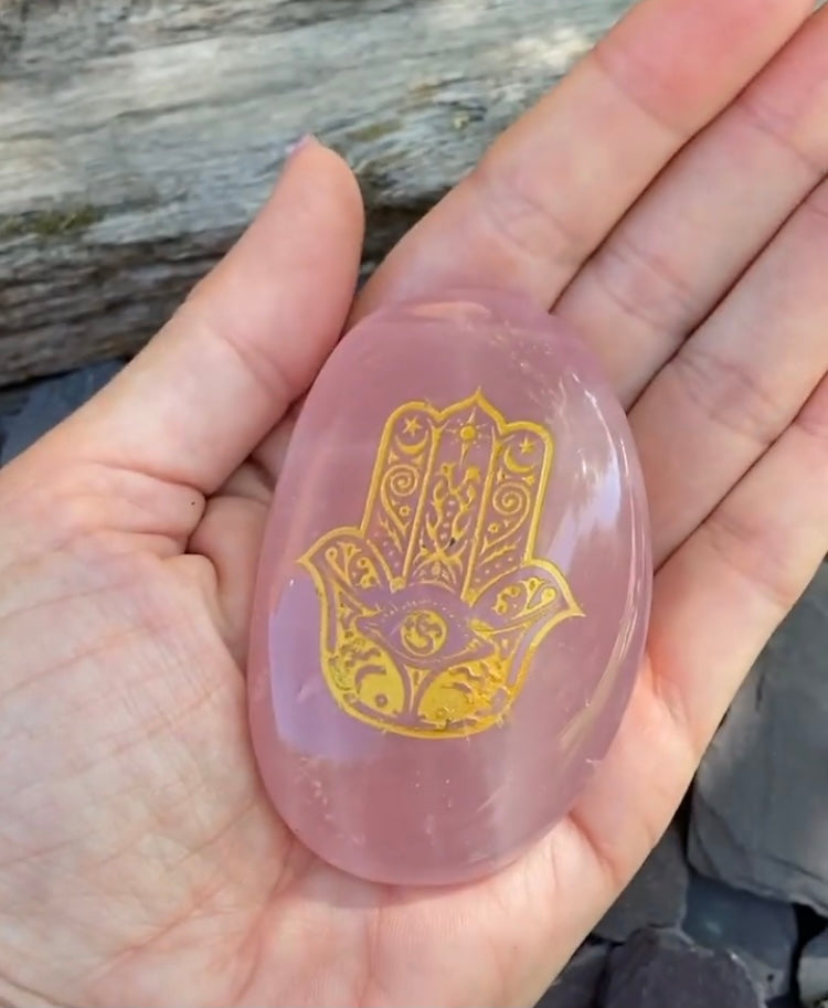 Beautiful Rose Quartz palm stones with gold Hamsa Hand detailing 💖💛✨