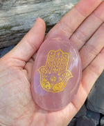 Load image into Gallery viewer, Beautiful Rose Quartz palm stones with gold Hamsa Hand detailing 💖💛✨
