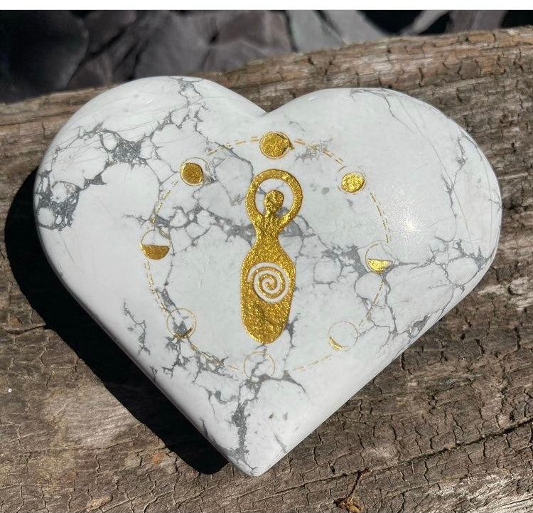 Beautiful Howlite large heart palm stones with gold Goddess and moon phase detailing