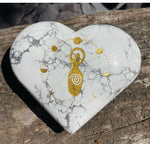 Load image into Gallery viewer, Beautiful Howlite large heart palm stones with gold Goddess and moon phase detailing
