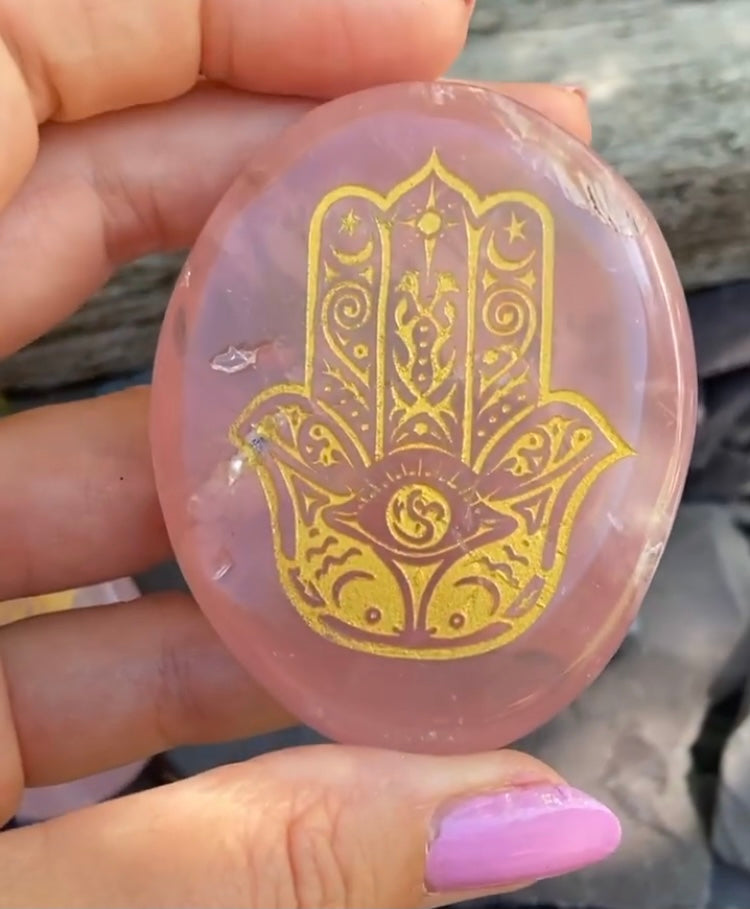 Beautiful Rose Quartz palm stones with gold Hamsa Hand detailing 💖💛✨