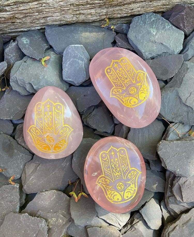 Beautiful Rose Quartz palm stones with gold Hamsa Hand detailing 💖💛✨