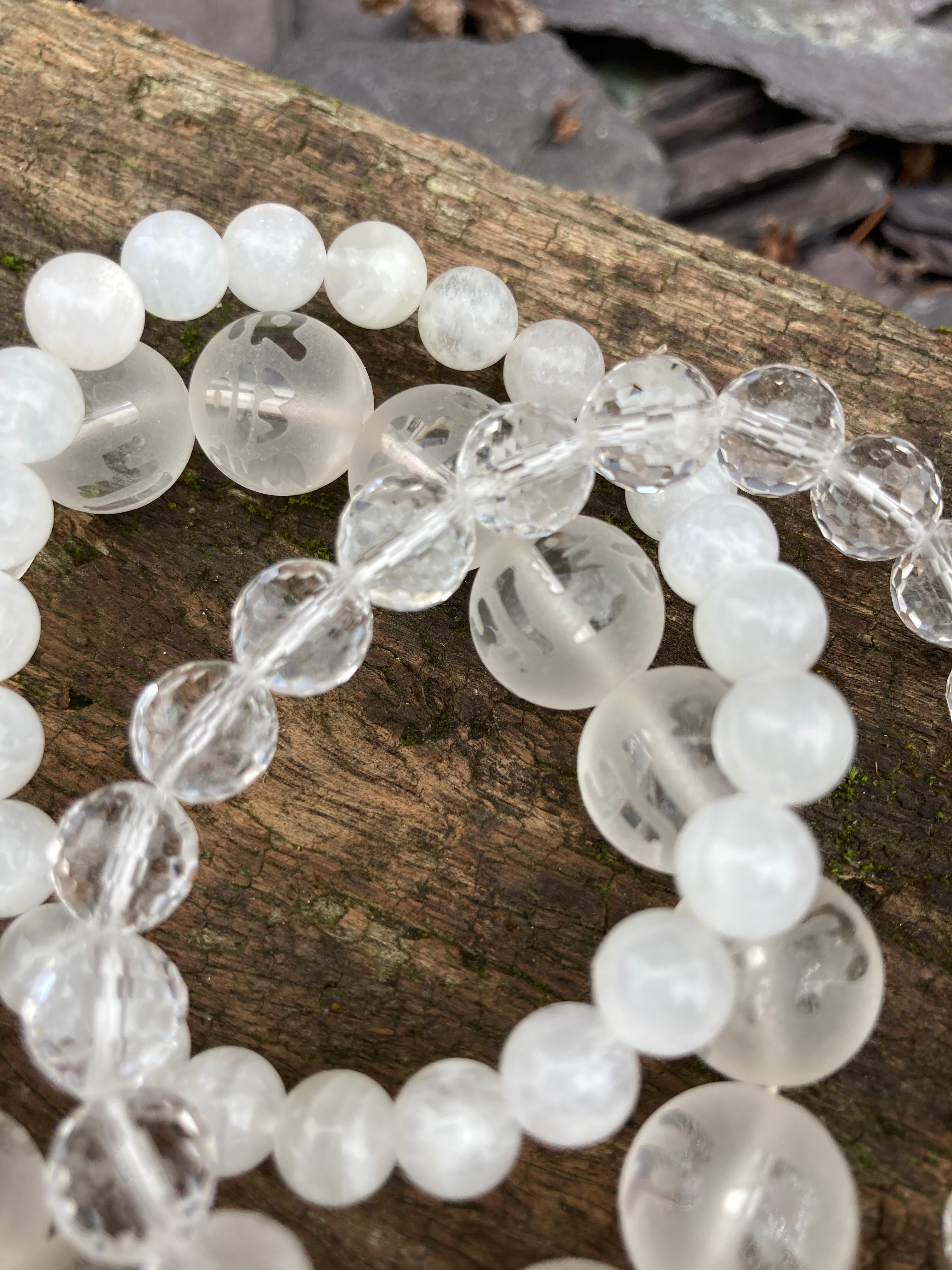 Faceted Clear quartz 🤍 Moonstone 🤍 Large Clear Quartz Sanskrit design 🤍 bracelets